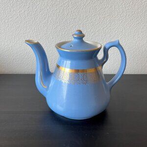 Vintage Hall Pottery Blue Teapot // Philadelphia Style // Gold Accents // 6 Cup